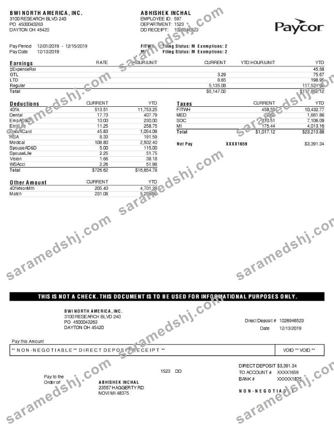 Paycor BWI NORTH AMERICA, INC. earnings statement template in Word and PDF formats.pdf, 1
